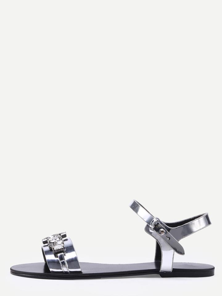 Romwe Rhinestone Embellished Faux Leather Sandals - Silver