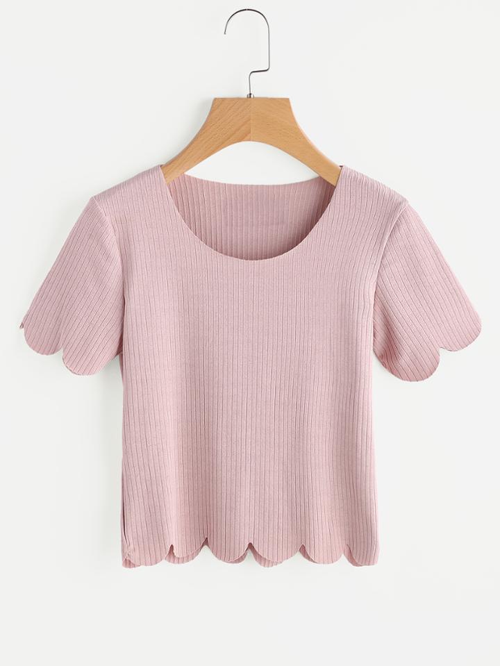 Romwe Scalloped Hem Ribbed Tee