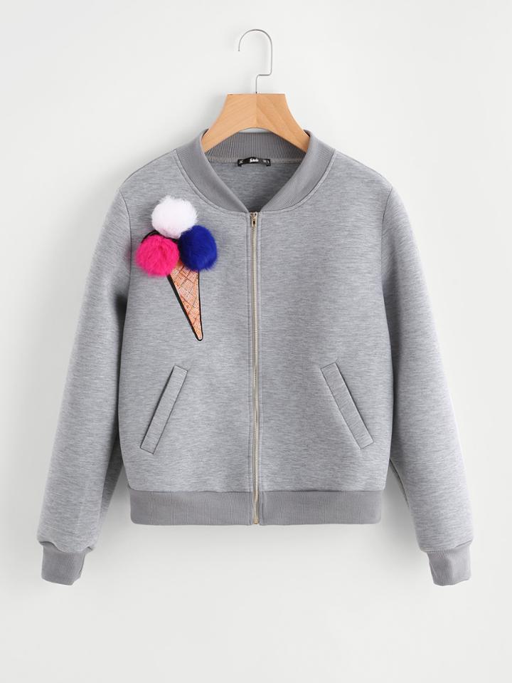 Romwe Pom Pom Sequin Ice Cream Patch Heather Knit Jacket