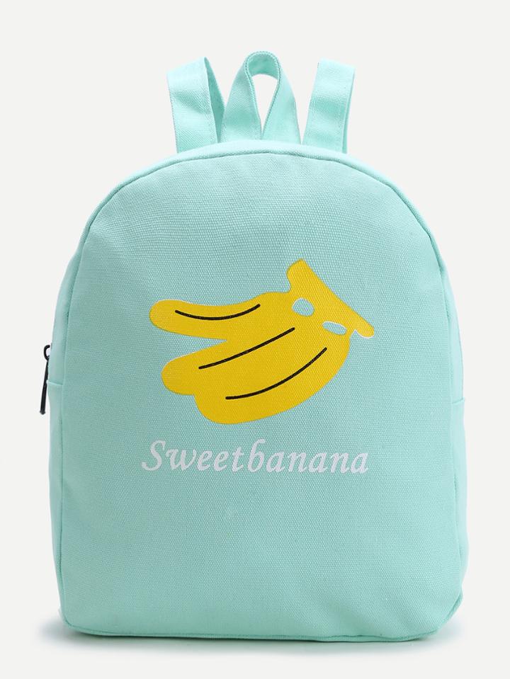 Romwe Green Banana Print Canvas Backpack