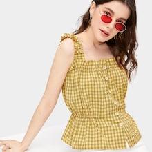 Romwe Button Through Plaid Print Ruffle Trim Blouse