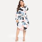 Romwe Plus Belted Geo Print Curved Hem Dress