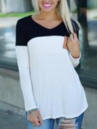 Romwe Colour-block V Neck Elbow Patch T-shirt