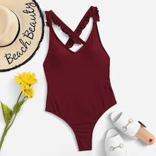 Romwe Frill Trim Criss Cross Backless One Piece Swimsuit