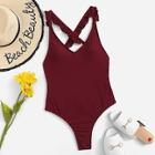 Romwe Frill Trim Criss Cross Backless One Piece Swimsuit
