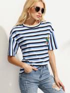 Romwe Multicolor Striped Embroidered Drop Shoulder T-shirt