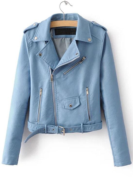 Romwe Blue Faux Leather Moto Jacket With Zipper