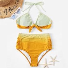 Romwe Knot Front Halter Top With Ruched Bikini Set
