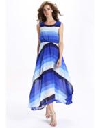 Romwe Blue Ombre Striped Sleeveless Chiffon Dress