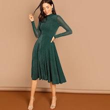 Romwe Sheer Sleeve Glitter Flare Prom Dress
