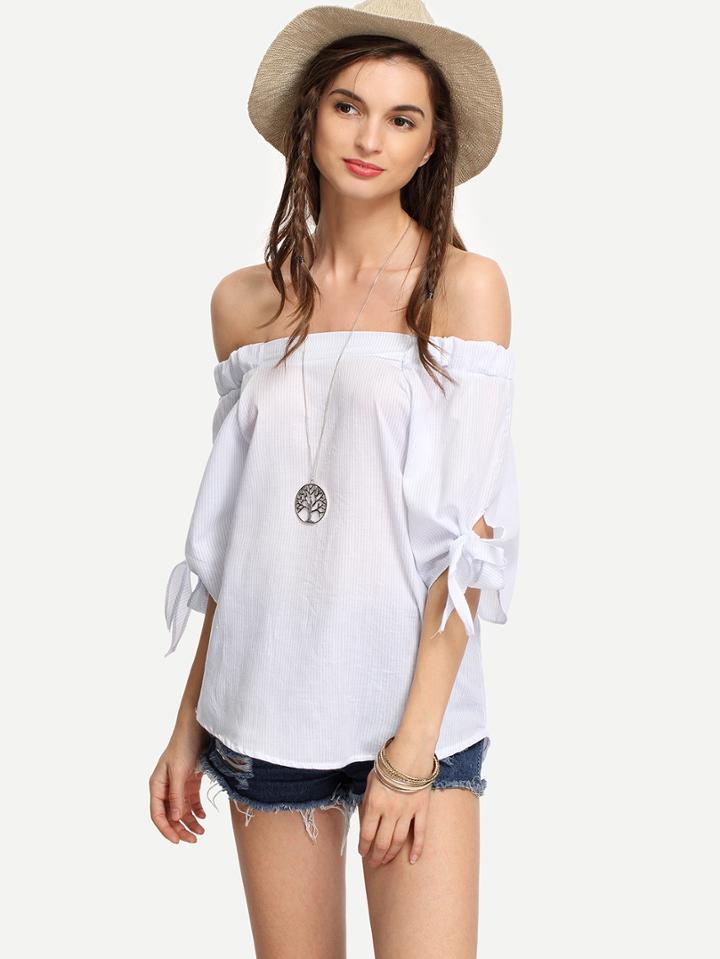 Romwe Light Blue Striped Off-the-shoulder Tie Sleeve Blouse