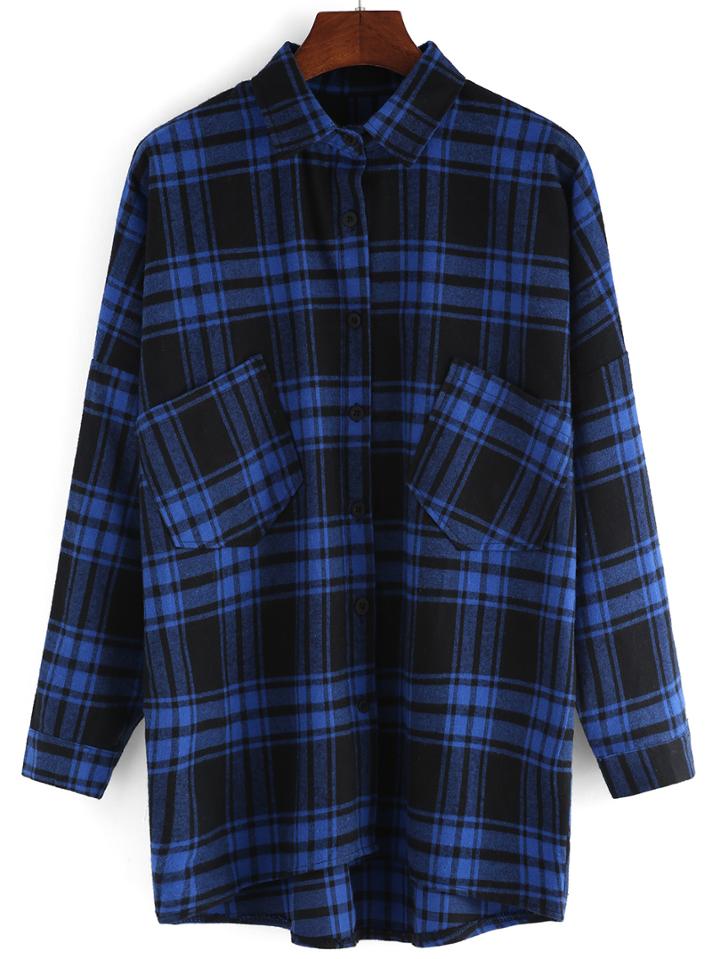 Romwe Lapel Plaid High Low Pockets Blue Blouse