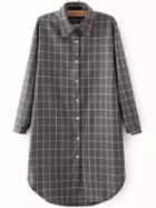 Romwe Grey Lapel Long Sleeve Plaid Shirt Dress