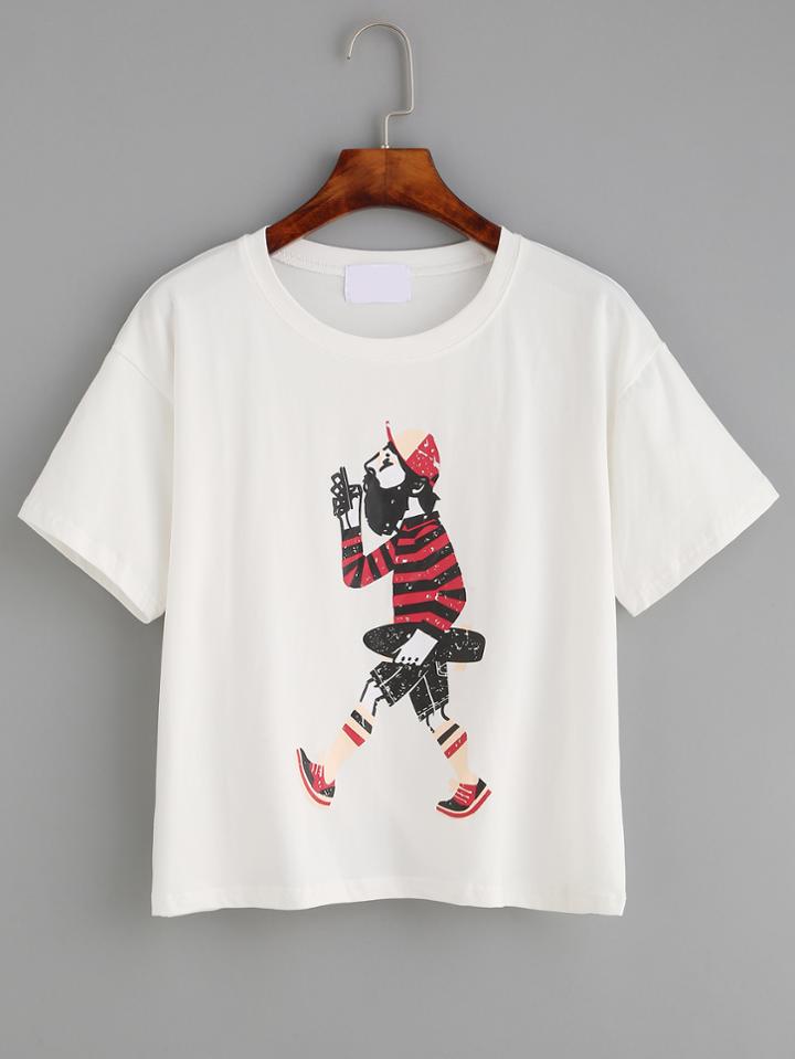 Romwe White Skater Man Print Drop Shoulder T-shirt