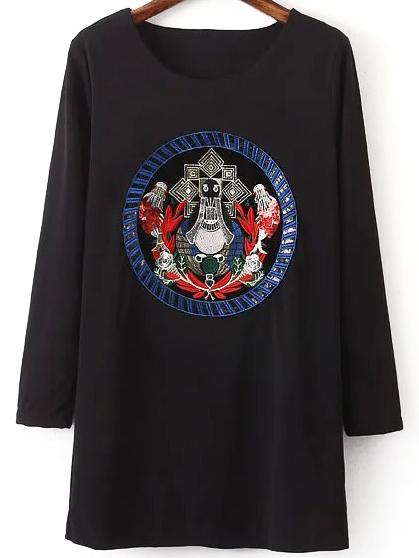 Romwe Sequined Embroidered Patch Black Dress