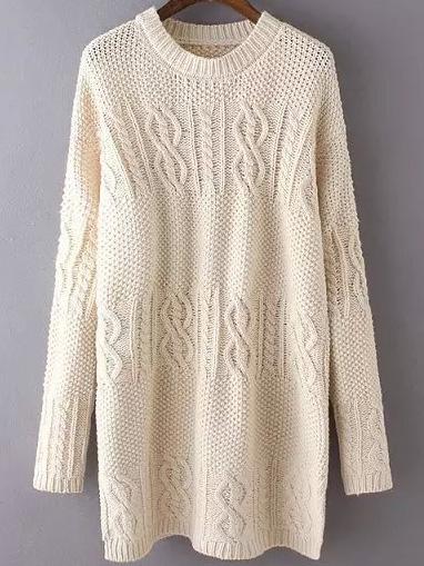 Romwe Women Long Sleeve Split Side Beige Sweater