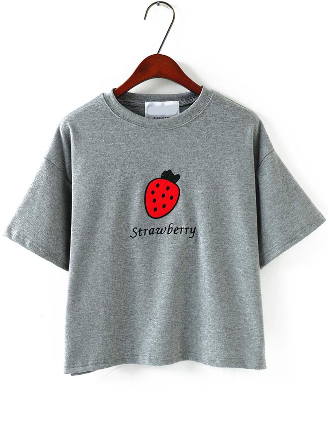 Romwe Strawberry Embroidered Loose Grey T-shirt