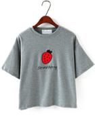 Romwe Strawberry Embroidered Loose Grey T-shirt