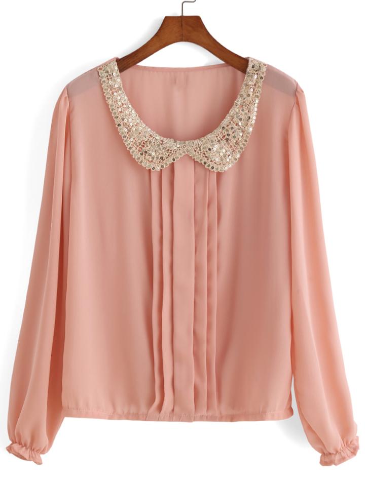 Romwe Doll Collar Long Sleeve Chiffon Top