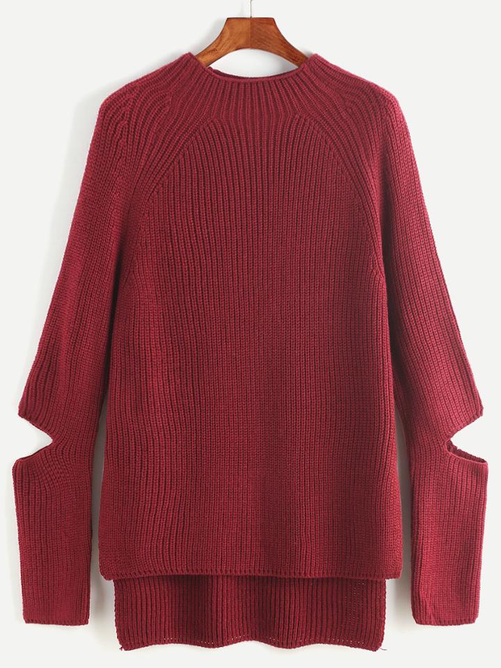 Romwe Burgundy Raglan Sleeve Cutout Sleeve Dip Hem Sweater