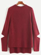 Romwe Burgundy Raglan Sleeve Cutout Sleeve Dip Hem Sweater