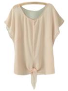 Romwe Apricot Self-tie Bow Batwing Sleeve Blouse