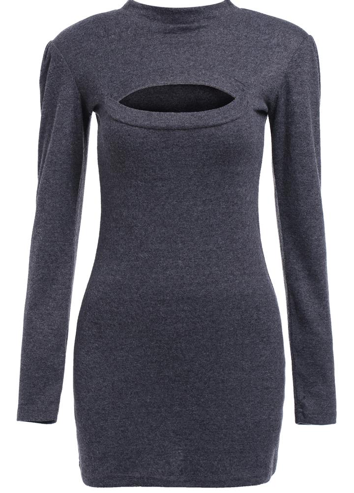 Romwe Stand Collar Hollow Bodycon Dress