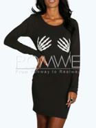 Romwe Black Long Sleeve Skeleton Print Dress