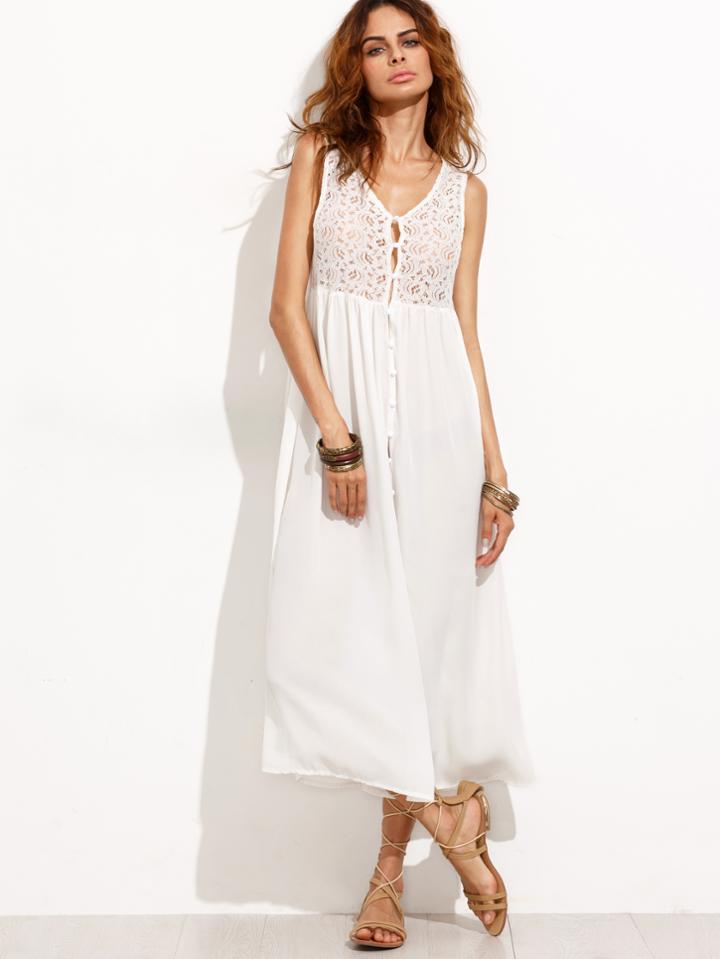 Romwe White Crochet Insert Button Front Shirt Dress