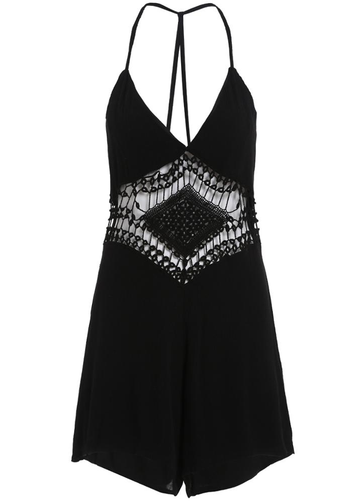 Romwe Halter Backless Hollow Black Romper