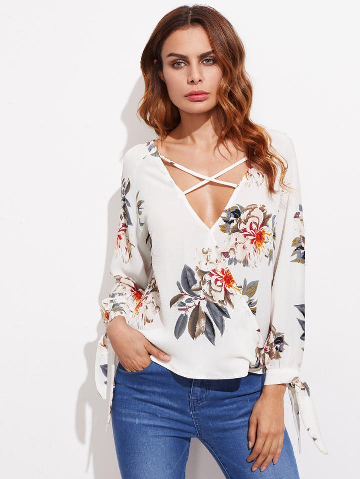 Romwe Surplice Neckline Crisscross Tie Cuff Blouse