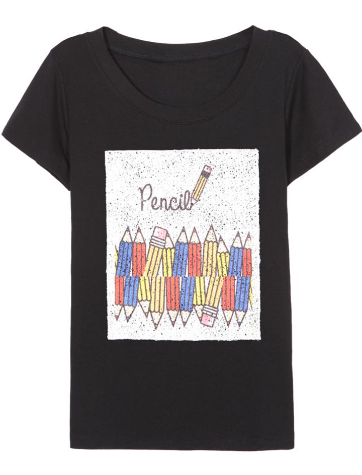 Romwe Pencil Pattern Print Black T-shirt