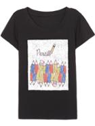 Romwe Pencil Pattern Print Black T-shirt