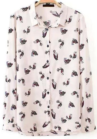 Romwe Fish Print Lapel Loose Blouse