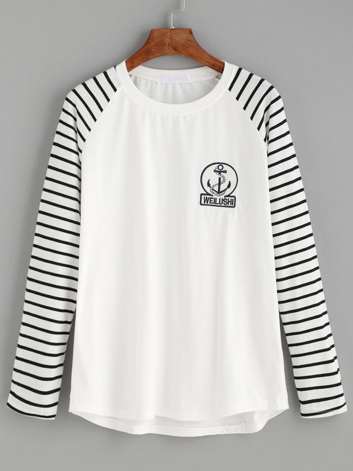Romwe White Embroidered Patch Detail Striped Raglan Sleeve T-shirt