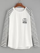 Romwe White Embroidered Patch Detail Striped Raglan Sleeve T-shirt