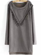 Romwe Round Neck Tassel Straight Grey Dress