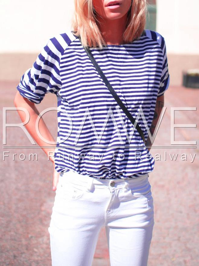 Romwe Blue White Round Neck Striped T-shirt