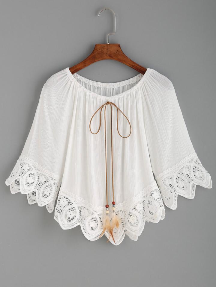 Romwe White Crochet Trim Tie Neck Off The Shoulder Top