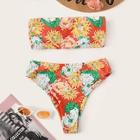 Romwe Floral Bandeau With High Cut Bikini Set