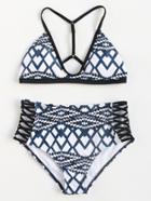 Romwe Geometric Print Criss Cross High Waist Bikini Set