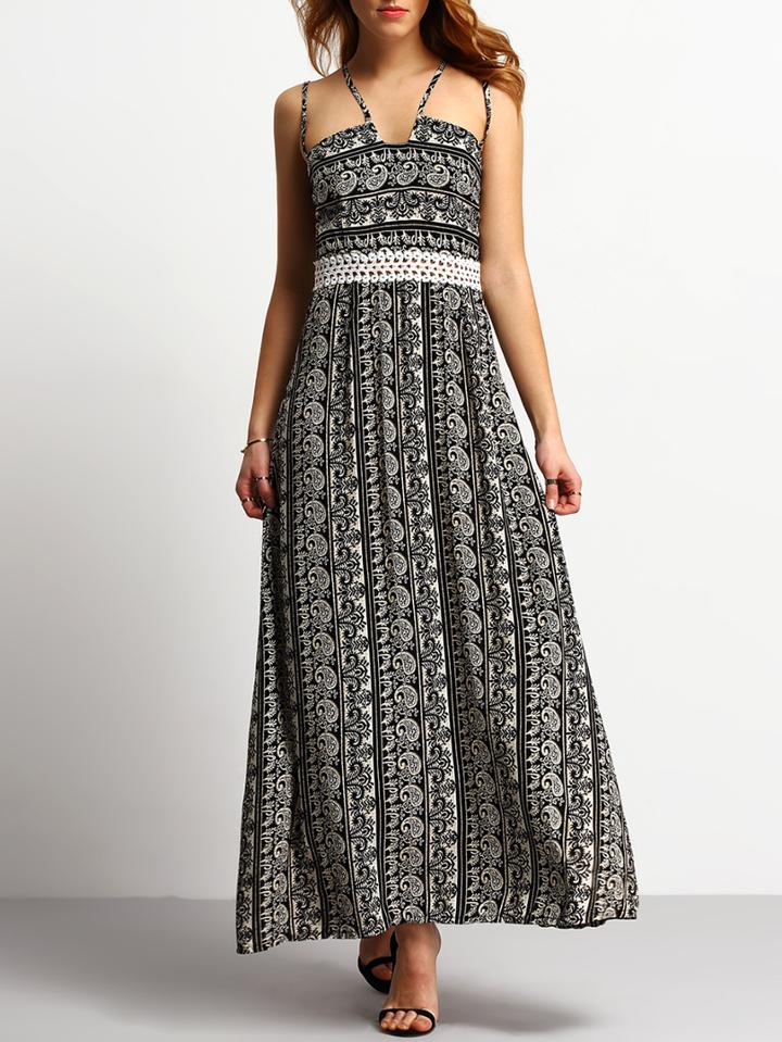 Romwe Spaghetti Strap Paisley Print Contrast Crochet Dress