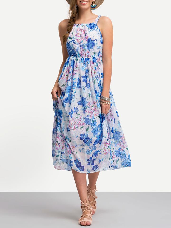 Romwe Strap Florals Chiffon Dress