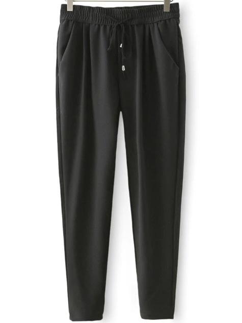 Romwe Women Elastic Waist Drawstring Black Pant