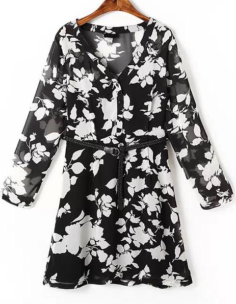 Romwe Black V Neck Floral Organza Dress