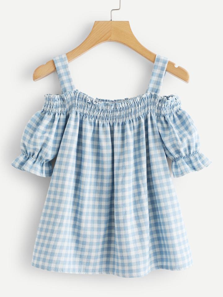 Romwe Cold Shoulder Checked Top