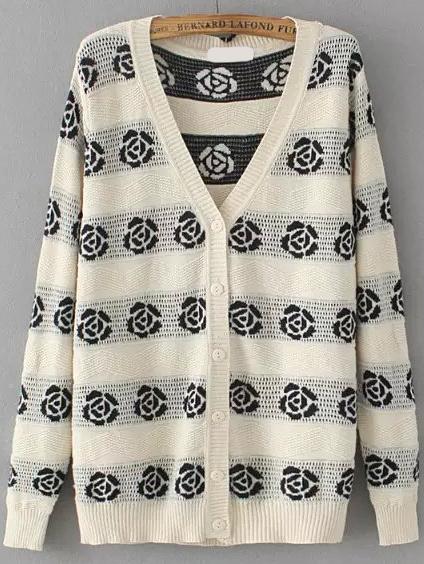 Romwe With Buttons Rose Print Black Cardigan