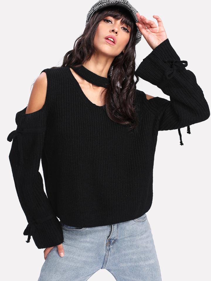 Romwe Choker Neck Open Sleeve Sweater