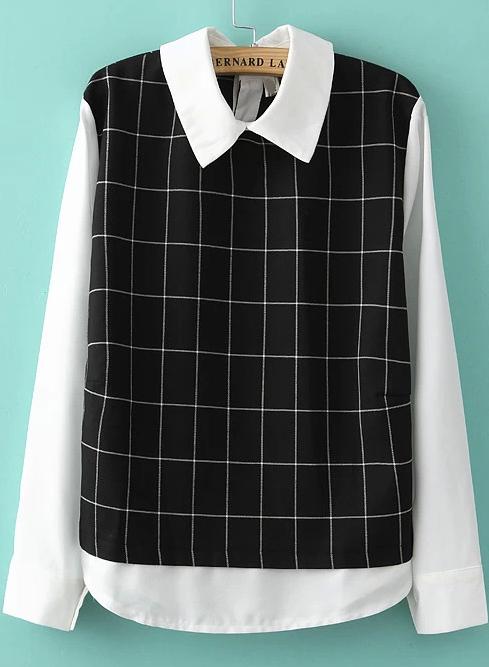 Romwe Black White Lapel Long Sleeve Plaid Loose Blouse