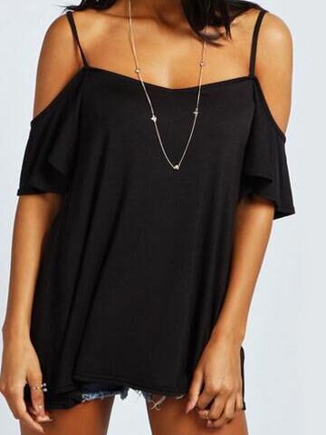 Romwe Black Cold Shoulder Top
